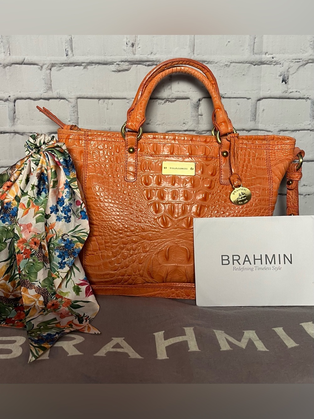 Brahmin Coral Croc-Embossed Leather Satchel